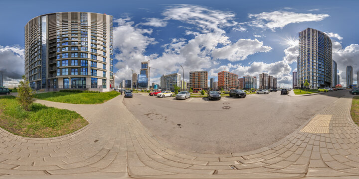 hdri 360 panorama near new skyscrapers and residential complex in full equirectangular seamless spherical projection