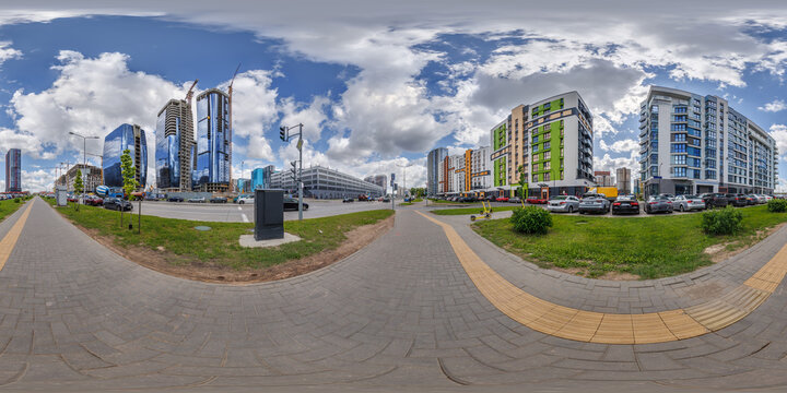 hdri 360 panorama near new skyscrapers and residential complex in full equirectangular seamless spherical projection