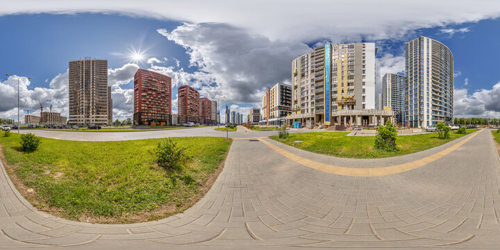 hdri 360 panorama near new skyscrapers and residential complex in full equirectangular seamless spherical projection
