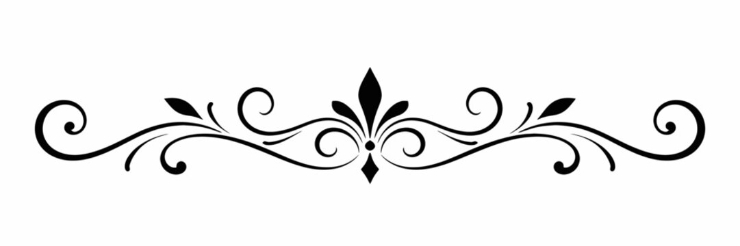 Delicate Black Calligraphic Flourish Ornament with Curved Leaves and Decorative Swirls