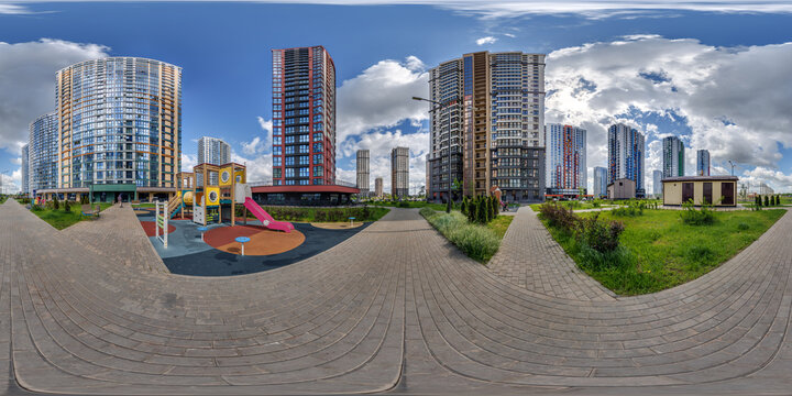 hdri 360 panorama near new skyscrapers and residential complex in full equirectangular seamless spherical projection