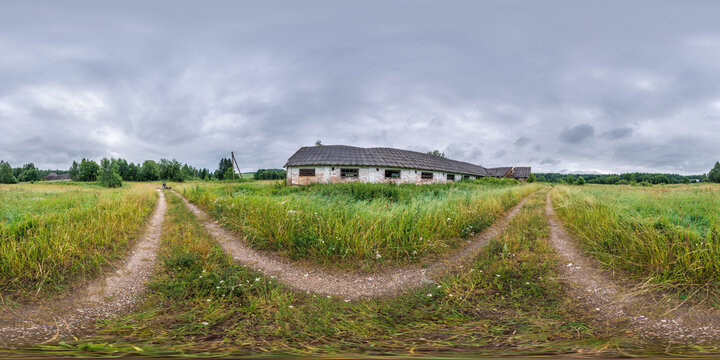 full seamless spherical hdri panorama 360 degrees angle view near abandoned ruined factory hangar and building in equirectangular projection, VR AR virtual reality content.
