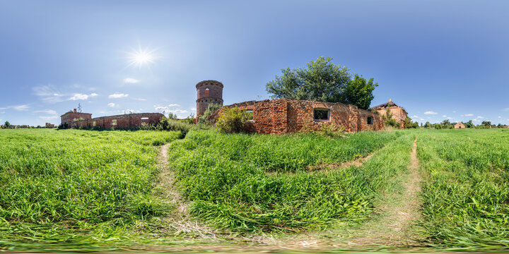full seamless spherical hdri panorama 360 degrees angle view near abandoned ruined factory hangar and building in equirectangular projection, VR AR virtual reality content.