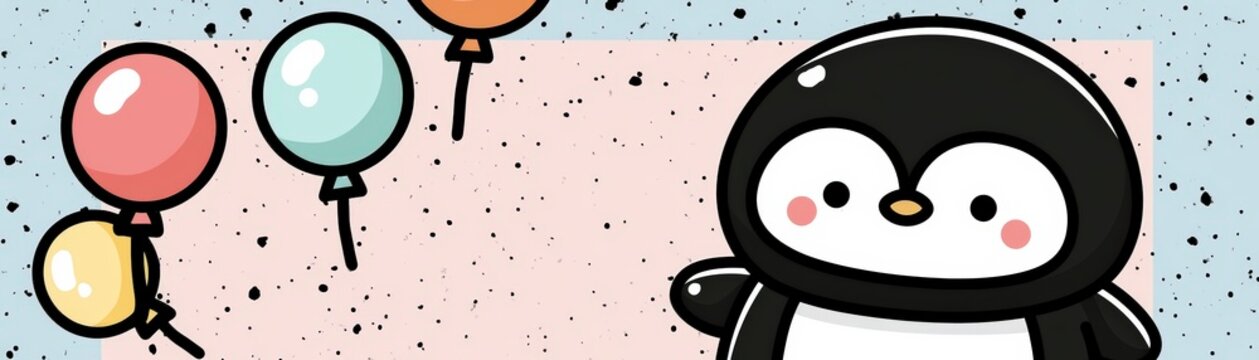 Cute cartoon penguin with colorful balloons on a speckled background, a cheerful and playful scene, hand drawn kid friendly background