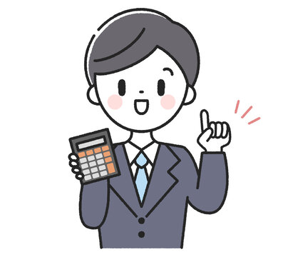 電卓を持った指差しポーズの男性社員