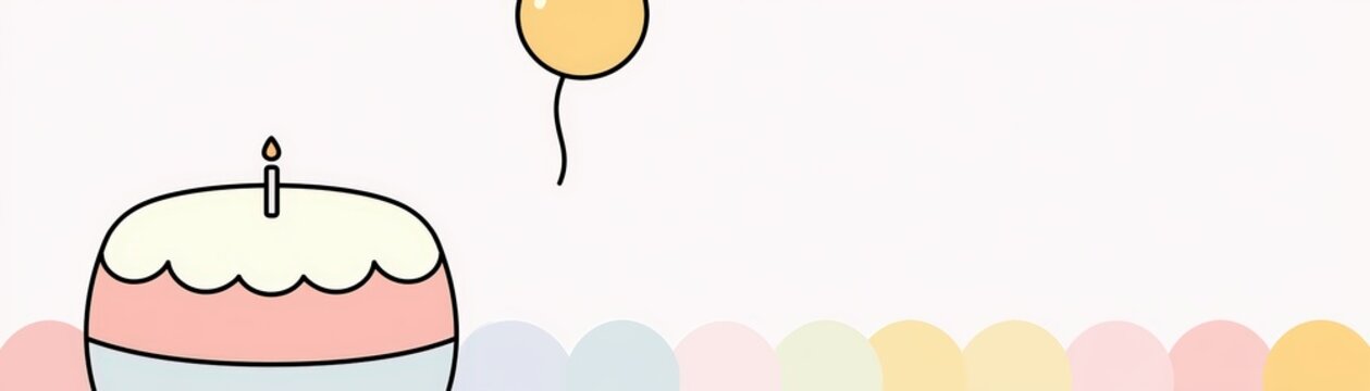 Illustration of a pastel-colored birthday cake with a lit candle and a yellow balloon floating above, set against a soft, light background, hand drawn kid friendly background