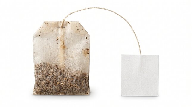 Single paper tea bag with dry herbal leaves and white tag