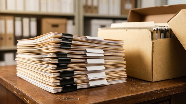 Stack of medical patient files and folders in office with cardboard box