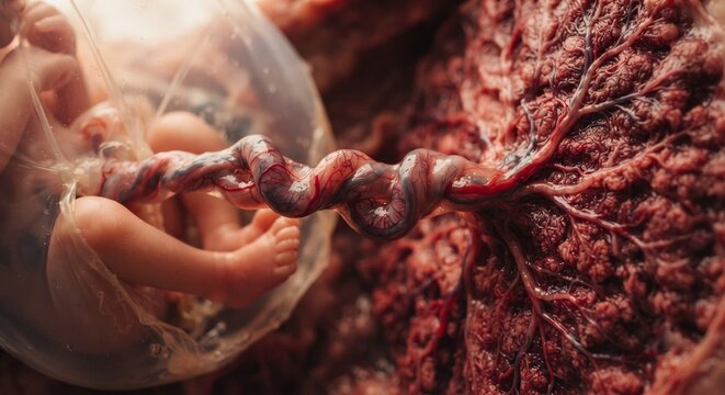 Human fetus connected to placenta by umbilical cord macro view. The human embryo is attached to the placenta by the umbilical cord.