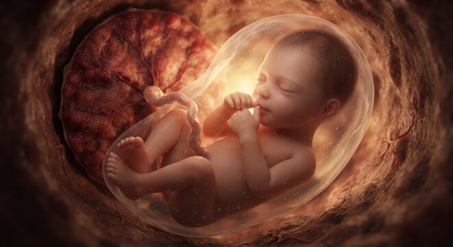 Human fetus inside amniotic sac connected to placenta in womb macro view