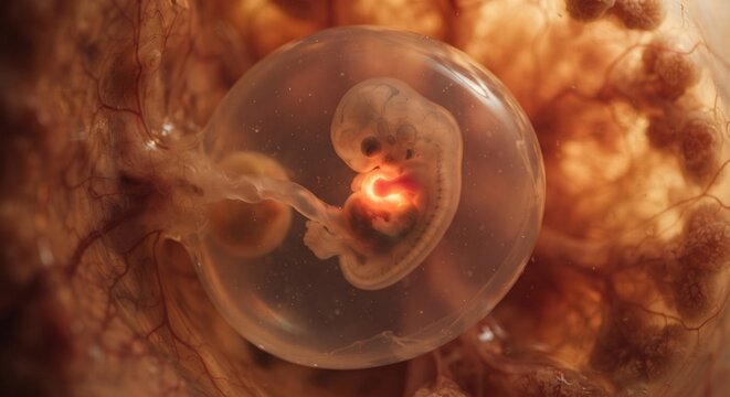 Human embryo at 5-6 weeks of development inside amniotic sac medical 3d illustration