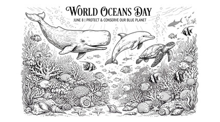 Obraz premium World Oceans Day poster with marine life illustration and conservation message in vintage style