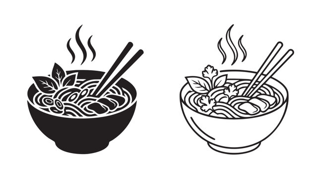 steaming pho bowl vector icon with silhouette outline art silhouette with outline art silhouette with outline art vector icon