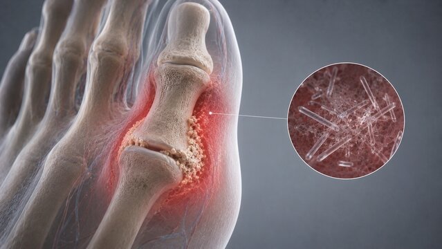 Medical 3D Illustration of Gout Inflammation in Big Toe Joint Showing Microscopic Uric Acid Urate Crystals