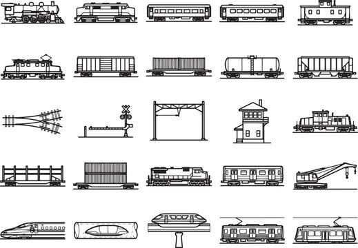 A collection of line drawings featuring various trains, train cars, railway signals, and railway station elements, showcasing different types of locomotives and rolling stock.