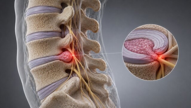3D Medical Illustration of a Herniated Disc Compressing a Spinal Nerve Root with Inset Detail View