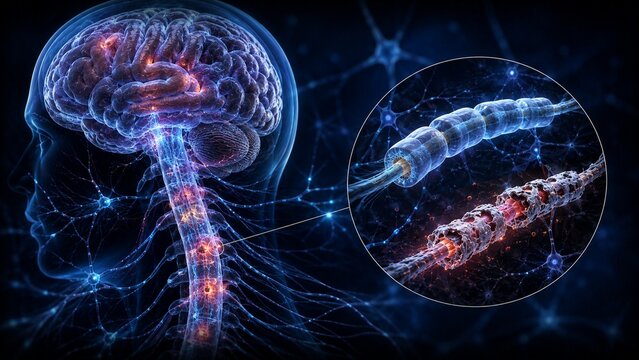 Medical Illustration of Human Brain and Spinal Cord Showing Multiple Sclerosis Nerve Damage and Demyelination