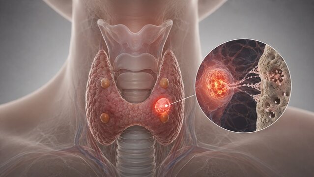 3D Medical Illustration of Human Thyroid Gland with Malignant Nodule and Microscopic Cellular Detail Inset