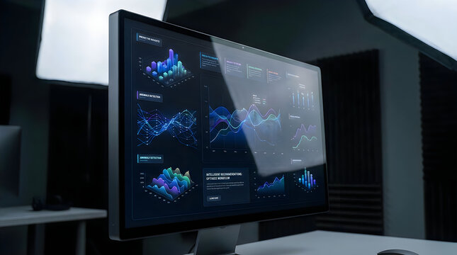 AI SaaS dashboard on a computer screen with futuristic data visualizations in a dark room