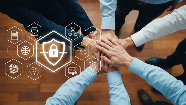 A group of business people stacking their hands together with a glowing digital shield and padlock security overlay representing team unity