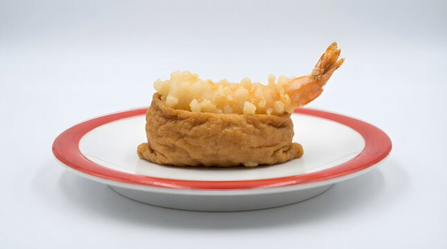 Single inari sushi with fried ebi tempura (crispy golden prawn) on top in a white and red rimmed plate on clean white. Simple Japanese food, gen Z trends, classic Asian restaurant menu assets