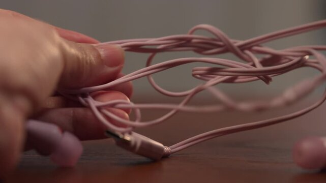 Macro shot of woman hands struggling with knotted earphone wire on wooden table, giving up in frustration, deadlock concept.⁠