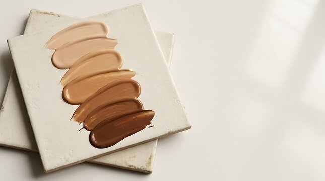 Various shades of liquid foundation makeup swatches on a tile surface showing skin tone color range. foundation tone guide