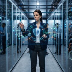 Fototapeta premium Female IT Security Analyst Interacting with Holographic Cybersecurity Shield and Network Nodes in a Data Center Server Room