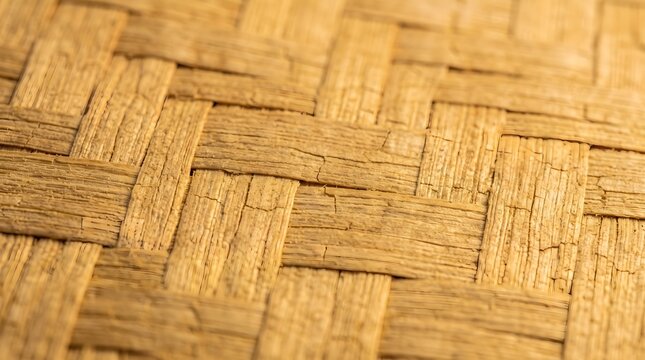 Woven bamboo texture background, natural wood fiber pattern, close up of traditional wicker matting, organic tan material