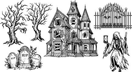 Fototapeta premium Vintage Haunted House Line Art Vector Set with Spooky Trees, RIP Tombstones, Iron Gate, and Grim Reaper