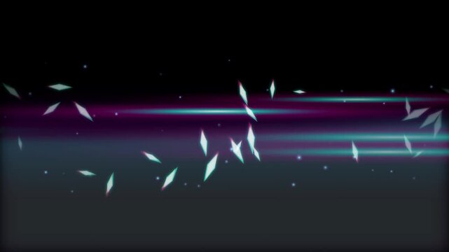 Seamless motion graphic loop featuring glowing neon pink light ribbons flowing horizontally. Chromatic aberration glass shards rotate with crystal flares on a dark background. Perfect for sci-fi backd