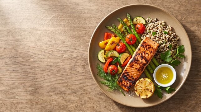 Top view of healthy grilled salmon fillet served on ceramic plate with wild rice, roasted asparagus, zucchini, bell pepper, cherry tomatoes and grilled lemon