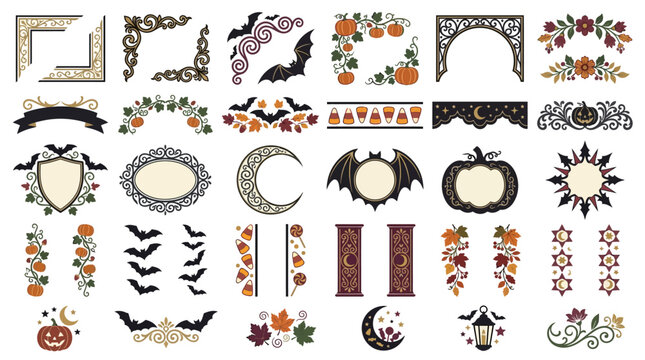Halloween collection of vintage frames and ornaments. Eerie borders with bats, pumpkins, and leaves. 29 decorative elements for party design isolated on White Background Editable EPS