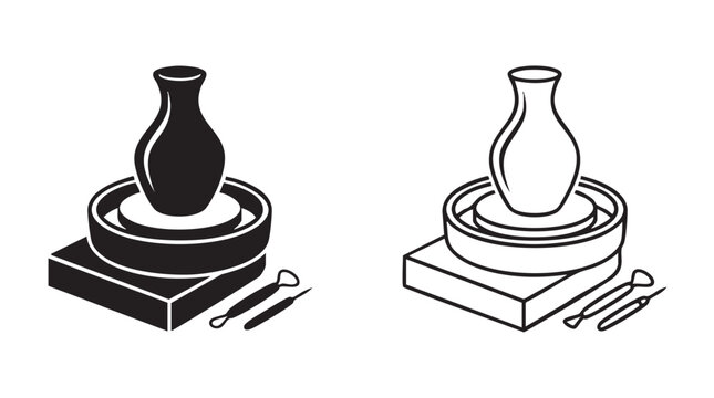 pottery vase on potter's wheel vector icon silhouette with outline art silhouette silhouette with outline art vector icon
