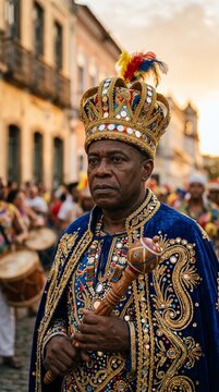Brazilian Maracatu king in regal velvet costume with gold embroidery and crown at cultural festival