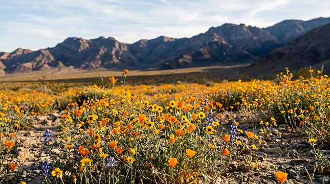 Orange wildflowers bloom in desert landscape with mountains