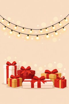 Stack of wrapped gift boxes with string lights and soft bokeh for christmas holiday card background and celebration poster