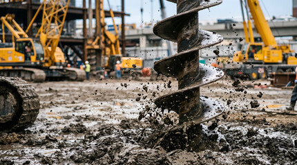Fototapeta premium Drilling rig machine boring into muddy soil at construction site, auger, foundation, industrial, equipment, machinery