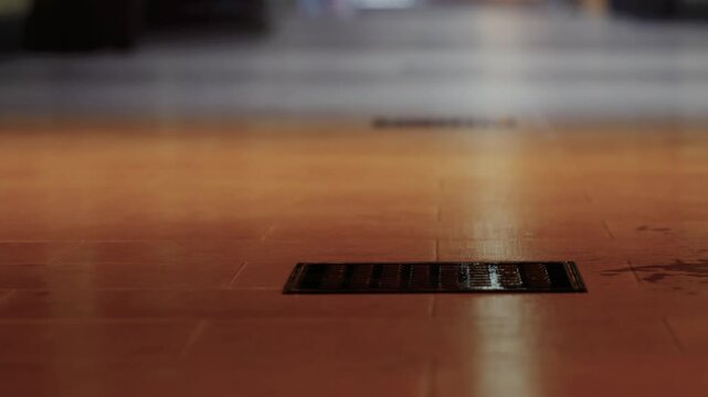 A floor view at the entrance of a building. There are steps in the background leading up to another area. A vent cover is located on the floor.