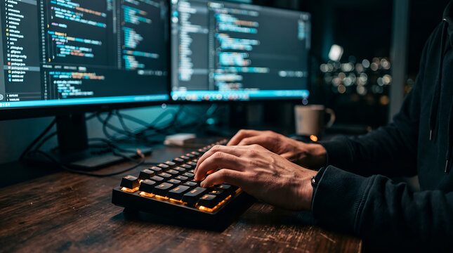 Programming developer hands typing on backlit keyboard in dark office, software, technology, computer, hacker, digital