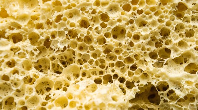 Macro yellow sponge texture, porous organic material background, abstract cellular foam surface, natural cleaning tool detail