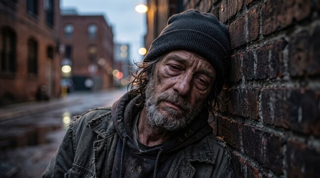 Portrait of an Elderly Homeless Man Leaning Against a Brick Wall in a Dimly Lit Urban Alleyway During a Gloomy Evening