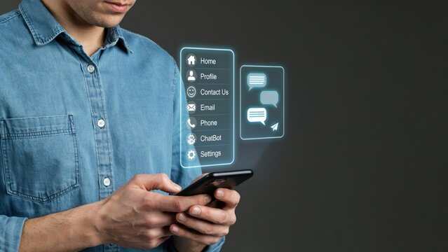 A person holding a smartphone with a holographic menu interface showing for home, profile, contact, email, and chat functions