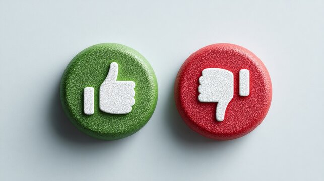 3D green thumbs up and red thumbs down buttons, like dislike feedback and social media reaction concept.