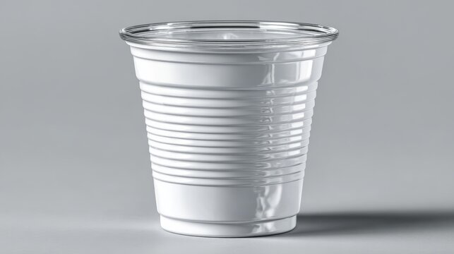 White disposable plastic cup on light background, single use drinkware and minimalist tableware concept.