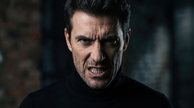 Aggressive Mature Man Looking With Intense Facial Expression and Gritty Dark Atmosphere