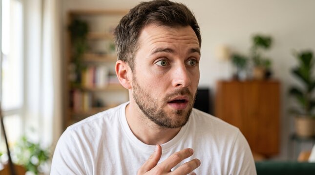 A young man with a surprised and shocked expression while having an intense conversation at home during the daytime