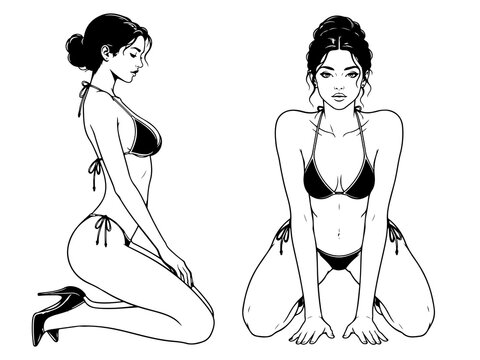 Elegant Kneeling Pin-Up Woman Line Art, Sensual Bikini Model Vector Graphic