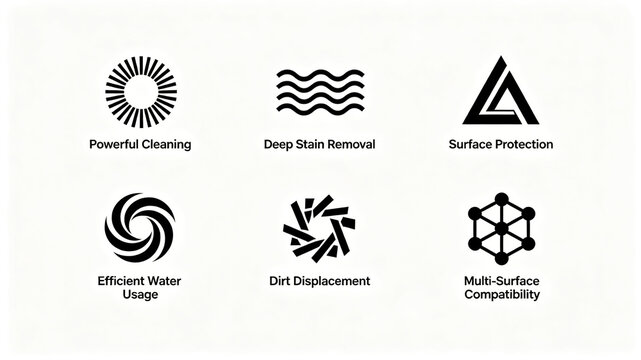 Abstract geometric cleaning selling point icon, powerful cleaning and protective material water-saving, suitable for visual display of cleaning product details and e-commerce selling points.
