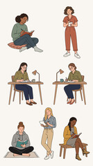 Fototapeta premium Diverse women engaged in reading and studying activities.